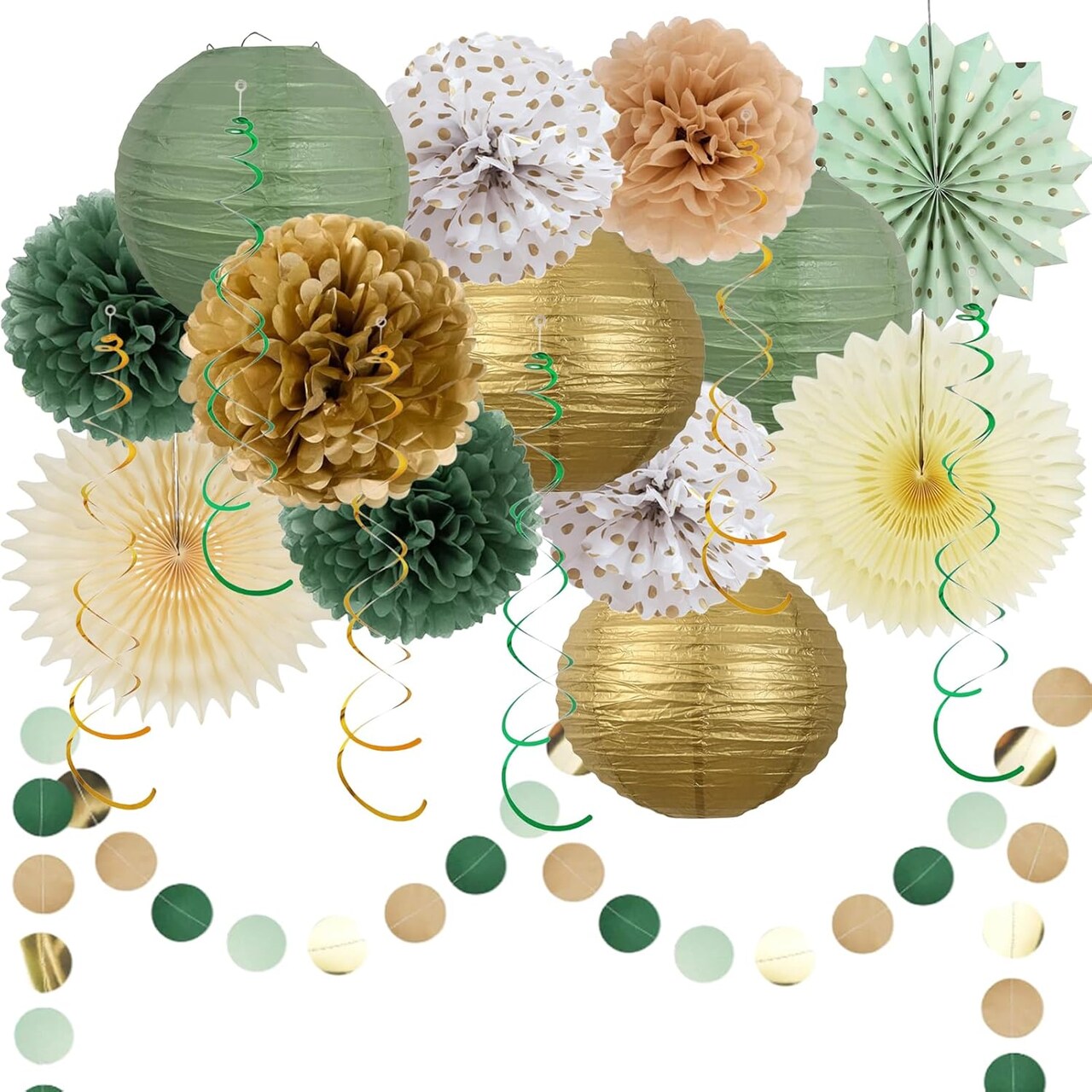 20PCS Sage Green Party Decoration,Green Paper Lanterns Fans,Pom Poms Flowers,Hanging Party Garland for Women Girls Boys Adults Birthday Party,Wedding,Baby Shower,Bridal Shower Party Decor